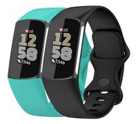 Nacorulu Compatible con Fitbit Charge 6 / Fitbit Charge 5, correa de repuesto de silicona suave para mujeres y hombres, paquete de 2 (negro_verde azulado, pequeño (5.5-7.8 pulgadas)