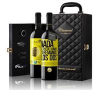 «Nada se puede hundir si remamos los dos» Mensaje en una Botella. Estuche-Maletín de LUJO 2x Vino Tinto Premium Reserva 12 Meses y Set de 4 Accesorios. Etiqueta Amarilla PERSONALIZABLE