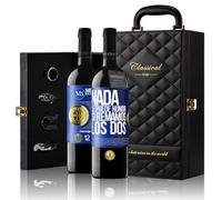 «Nada se puede hundir si remamos los dos» Mensaje en una Botella. Estuche-Maletín de LUJO 2x Vino Tinto Premium Reserva 12 Meses y Set de 4 Accesorios. Etiqueta Azul PERSONALIZABLE