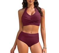 Nadeer Conjuntos de Bikinis Cintura Alta Traje de Baño Mujer 2 Piezas Halter Cuello en V Sexy Push Up Ropa de Baño Talla Grande Playa Piscina Fiesta Vacaciones(Rojo púrpura,L)