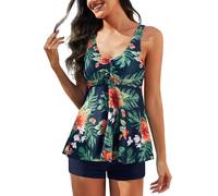 Nadeer Tankinis Mujer Sexy Traje de Baño 2 Piezas Cuello en V Push up Conjunto de Bikini Dos Piezas Set Estampado Floral con Pantalones Cortos(Navy Floral,S)