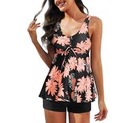 Nadeer Tankinis Mujer Sexy Traje de Baño 4 Piezas Cuello en V Push up Conjunto de Bikini Dos Piezas Set Estampado Floral con Pantalones Cortos(Verde Ejército,L)