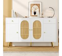 NADEUSAK Aparador blanco + Natura 80 x 140 cm, con 2 cajones y 4 puertas, estantes ajustables en altura, adecuado para salón y cocina