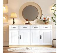 NADEUSAK Aparador con 4 cajones, 4 puertas, 2 estantes, diseño estriado y 8 tiradores de metal, gran espacio de almacenamiento para salón, dormitorio, cocina, 35 x 80 x 160 cm, color blanco + madera