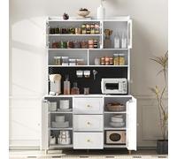 NADEUSAK Armario alto blanco 120 x 190 cm, con tabla perforada y patas de madera maciza, armario de bar con espacio de almacenamiento, armario de cocina con cajones