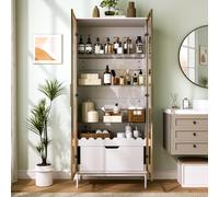 NADEUSAK Armario alto con puerta de cristal, estantes de cristal ajustables en altura, dorado+blanco, 75 x 35 x 170,8 cm, cajón, decoración ondulada, patas de metal, adecuado para salón, dormitorio y