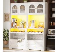 NADEUSAK Armario alto con puertas de cristal abovedadas, color blanco, 140 x 40 x 180 cm, estantes ajustables, botellero, protección antivuelco, para salón y comedor