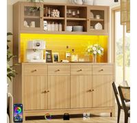 NADEUSAK Armario buffet alto 140 x 40 x 180 cm, puertas de cristal y 4 cajones, estantes ajustables, aspecto de madera natural, soporta hasta 100 kg