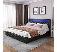 NADEUSAK Cama tapizada de 140 x 190 cm, cama funcional con somier y espacio de almacenamiento, con función de almacenamiento, color negro, PU, sin colchón