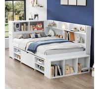 NADEUSAK Cuna blanca 90 x 190 cm, cama individual, multifuncional, con cajones, estantería y armario de almacenamiento, gran espacio de almacenamiento, somier de láminas, sin colchón