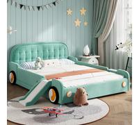 NADEUSAK Cuna para coche con tobogán, escaleras y protección contra caídas, 140 x 200 cm, cama tapizada suave en color verde azulado, sin colchón