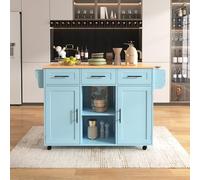 NADEUSAK Gran carrito de comedor azul + Natura 139 x 46 x 91,5 cm, encimera plegable, puerta de almacenamiento, ruedas, patas de madera maciza intercambiables, adecuado para comedor, cocina