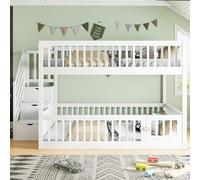 Nadeusak litera, cama infantil con escalera de seguridad y cajones, cama individual de madera con cama de almacenamiento, para niños y jóvenes (Blanco, 140x200cm)