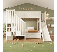 NADEUSAK Litera de 90 × 200 cm con tobogán, armario de escalera, cajones grandes y estante abierto, color blanco, somier, seguridad EN747-1:2024 (sin colchón)