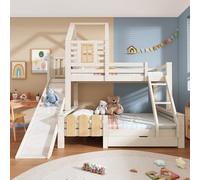 NADEUSAK Litera de 90 x 200 y 140 x 200 cm, color blanco, cama de casa con cajón tobogán y escalera, cama alta con somier, diseño de cabaña de troncos, sin colchón