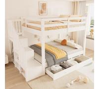 NADEUSAK Litera de madera, 140 x 200 cm, cama doble, color blanco, con escalera de almacenamiento, perchero, rejilla de seguridad, cajón de almacenamiento, somier, sin colchón