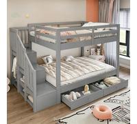 NADEUSAK Litera de madera, 140 x 200 cm, cama doble, gris, con escalera de almacenamiento, perchero, rejilla de seguridad, cajón de almacenamiento, somier, sin colchón