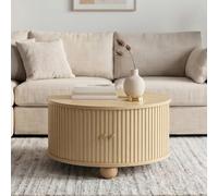 NADEUSAK Mesa de café redonda, estructura de relieve vertical envolvente, dos puertas correderas, cuerpo de MDF, asas de metal, patas de metal esféricas, cuatro compartimentos separados, natural