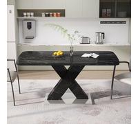 NADEUSAK Mesa de comedor rectangular moderna de 80 x 120 a 160 cm, extensible, con placa de impresión de mármol, patas de tablero DM en forma de X con base de metal