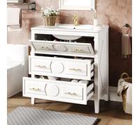 NADEUSAK Mueble bajo el cuarto de baño, 81 x 46,5 x 86,5 cm, con lavabo de cerámica, 3 cajones, retro, con función de cierre suave, juego de muebles de baño independiente con asas de metal, color