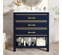 NADEUSAK Mueble bajo para cuarto de baño, 46,5 x 76 x 86 cm, con lavabo de cerámica, mueble de baño independiente con 2 cajones y compartimento abierto, asas doradas, sin grifo ni desagüe