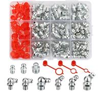 Nadinsta 100 Piezas Surtido de Rácores Engrasadores M6 M8 M10 Recto y en ángulo de 45° 90° Métricas Boquillas de Pistola Engrase de Niquelado con Caja de Almacenamiento, para Equipos Mecánicos