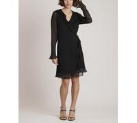 Naf Naf Vestido de mujer de manga larga semitransparente con detalle de volantes en la parte delantera y el bajo. Negro 40