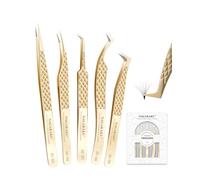 NAGARAKU Pinzas de Fibra Pestañas Juego de 5 Profesionales Sin Brecha Rectas Curvas Y Con Volumen De Acero Inoxidable Dorado Cierre Preciso Ligeras Con Tapas Protectoras Fiber Tweezers Set En La Punta