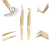 NAGARAKU Pinzas de Fibra Set 1 Par Volumen Pestañas Punto Preciso Sin Brecha Acero Inoxidable Pinzas Rectas Delfín & Curvadas L Tipo Pinza para Recoger Pestañas Individuales y Volúmenes (AG-05&AG-09）