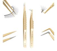 NAGARAKU Pinzas de Fibra Set 1 Par Volumen Pestañas Punto Preciso Sin Brecha Acero Inoxidable Separadas Pinzas Rectas & Mega Volume Fan Pinza para Recoger Individuales y Abanico Volúmenes(AG-03&AG-11)