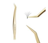 NAGARAKU Pinzas para extensiones de pestañas Dorado, curvado, en ángulo, punta larga, grupo de volumen, súper ligero, pinzas de precisión de acero inoxidable (N-03-2)