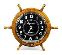 Nagina International Nautical Moon Light Blue - Rueda de madera grande con reloj de capitán de tiempo de barco, reloj decorativo para el hogar pirata (18 pulgadas, esfera negra)