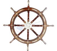 Nagina International Nautical Premium Sailor's Hand Crafted Brass & Wooden Ship Wheel | Luxury Gift Decor | Boat Collectibles (36 Inches, Anchor & Strips With Brass Handles)