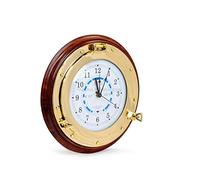 Nagina International Nautical Time Tide Clock On Premium Wooden Base - Polished Brass Porthole Wall Hanging Decor (10 Inches)