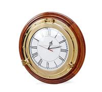 Nagina International Premium Nautical Porthole Brass Time's Clock On Solid Wood Base | Wall Decor | Pirates Maritime Gift (12 Inches)