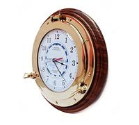 Nagina International Reloj náutico de marea con ojo de buey de latón y base de madera, diseño de capitán marítimo para decoración del hogar (45,72 cm)