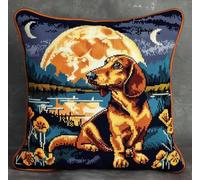 NAHUIGOOD Kit De Bordado Sobre Cañamazo Para Punto De La Luna, El Perro Salchicha 45X45Cm Cañamazo Impreso De Para Realizar Un Cojín. Kit De Punto De Cruz Contado - Kit De Bordado -