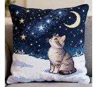 NAHUIGOOD Kit De Punto De Cruz Estampado Con Lienzo Tapiz Impreso Luna, Gatito 45X45Cm Kit De Cojines De Punto De Cruz Estampados Para Decoración Creativa Del Hogar - Kit De Costura Para
