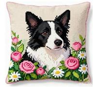 NAHUIGOOD Kit De Punto De Cruz Estampado Con Lienzo Tapiz Impreso Rosa, Husky 45X45Cm Kit De Cojines De Punto De Cruz Estampados Para Decoración Creativa Del Hogar - Kit De Costura Para