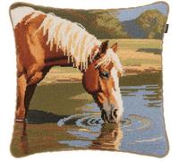 NAHUIGOOD Kit De Punto De Cruz Para Cojín, Diseño De Flores Agua Potable Para Caballos 45X45Cm Bordado De Punto De Cruz, Funda De Almohada, Kit De Inicio,Cojín De Sofá Para Niños Y Adultos