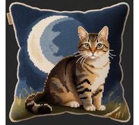 NAHUIGOOD Kit De Punto De Cruz Para Cojín, Diseño De Flores Luna, Gato 45X45Cm Bordado De Punto De Cruz, Funda De Almohada, Kit De Inicio,Cojín De Sofá Para Niños Y Adultos