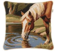 NAHUIGOOD Punto De Cruz Funda De Caballos Junto Al Lago 45X45Cm Parte Trasera De Cojín Incluida, Lienzo Preimpreso, Hilo Y Aguja Incluidos, Diy Bordado Creativo Regalo Cross Stitch