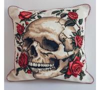 NAHUIGOOD Punto De Cruz Funda De Calavera De Rosa 45X45Cm Parte Trasera De Cojín Incluida, Lienzo Preimpreso, Hilo Y Aguja Incluidos, Diy Bordado Creativo Regalo Cross Stitch