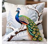 NAHUIGOOD Punto De Cruz Funda De Escena De Nieve, Pavo Real 45X45Cm Parte Trasera De Cojín Incluida, Lienzo Preimpreso, Hilo Y Aguja Incluidos, Diy Bordado Creativo Regalo Cross Stitch
