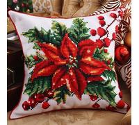 NAHUIGOOD Punto De Cruz Funda De Flores De Navidad 45X45Cm Parte Trasera De Cojín Incluida, Lienzo Preimpreso, Hilo Y Aguja Incluidos, Diy Bordado Creativo Regalo Cross Stitch