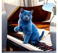 NAHUIGOOD Punto De Cruz Funda De Gato Azul En El Piano 45X45Cm Parte Trasera De Cojín Incluida, Lienzo Preimpreso, Hilo Y Aguja Incluidos, Diy Bordado Creativo Regalo Cross Stitch