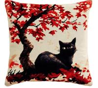 NAHUIGOOD Punto De Cruz Funda De Hoja De Arce, Gato Negro 45X45Cm Parte Trasera De Cojín Incluida, Lienzo Preimpreso, Hilo Y Aguja Incluidos, Diy Bordado Creativo Regalo Cross Stitch