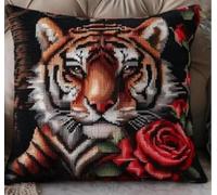 NAHUIGOOD Punto De Cruz Funda De Rosas, Tigre 45X45Cm Parte Trasera De Cojín Incluida, Lienzo Preimpreso, Hilo Y Aguja Incluidos, Diy Bordado Creativo Regalo Cross Stitch