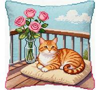 NAHUIGOOD Punto De Cruz Kit Rosas Y Gatos 45X45Cm Manualidades Adultos Decoracion Bordar Kit Principiantes Completo Diy Bordado Creativo Regalo，Cross Stitch