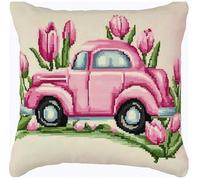 NAHUIGOOD Punto De Cruz Kit Tulipanes, Coche Rosa 45X45Cm Manualidades Adultos Decoracion Bordar Kit Principiantes Completo Diy Bordado Creativo Regalo，Cross Stitch